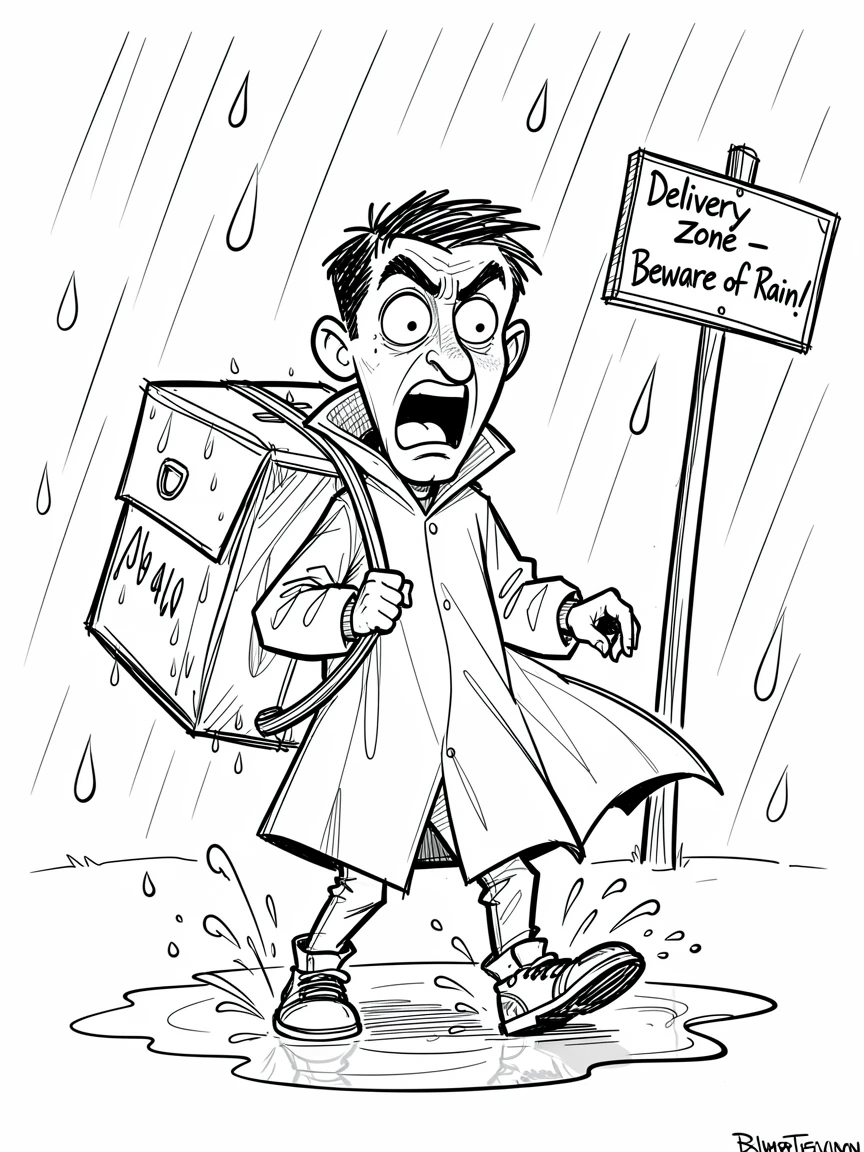 [Funny & Exaggerated Situations] Comical scene of a dramatic delivery driver getting caught in a spontaneous rainstorm, exaggerated for maximum laughs