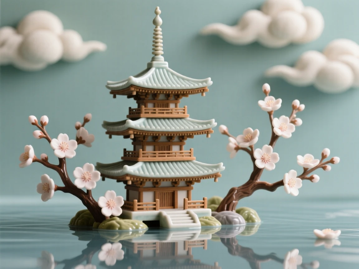 A traditional pagoda framed by cherry blossoms reflected in the still waters below, framed by drifting clouds overhead, radiating peaceful, storybook charm.