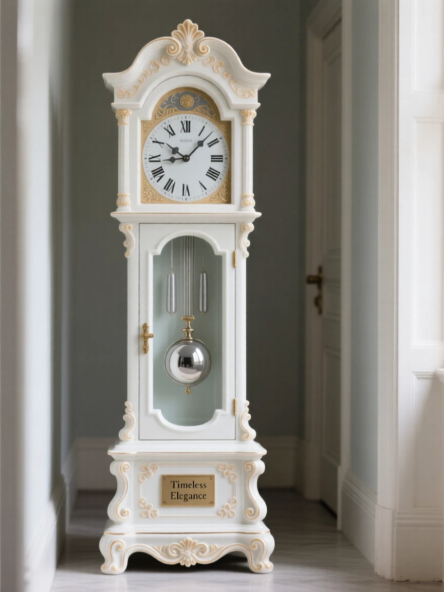 An elegant grand grandfather clock in a quiet hallway, radiating quiet old-world elegance.