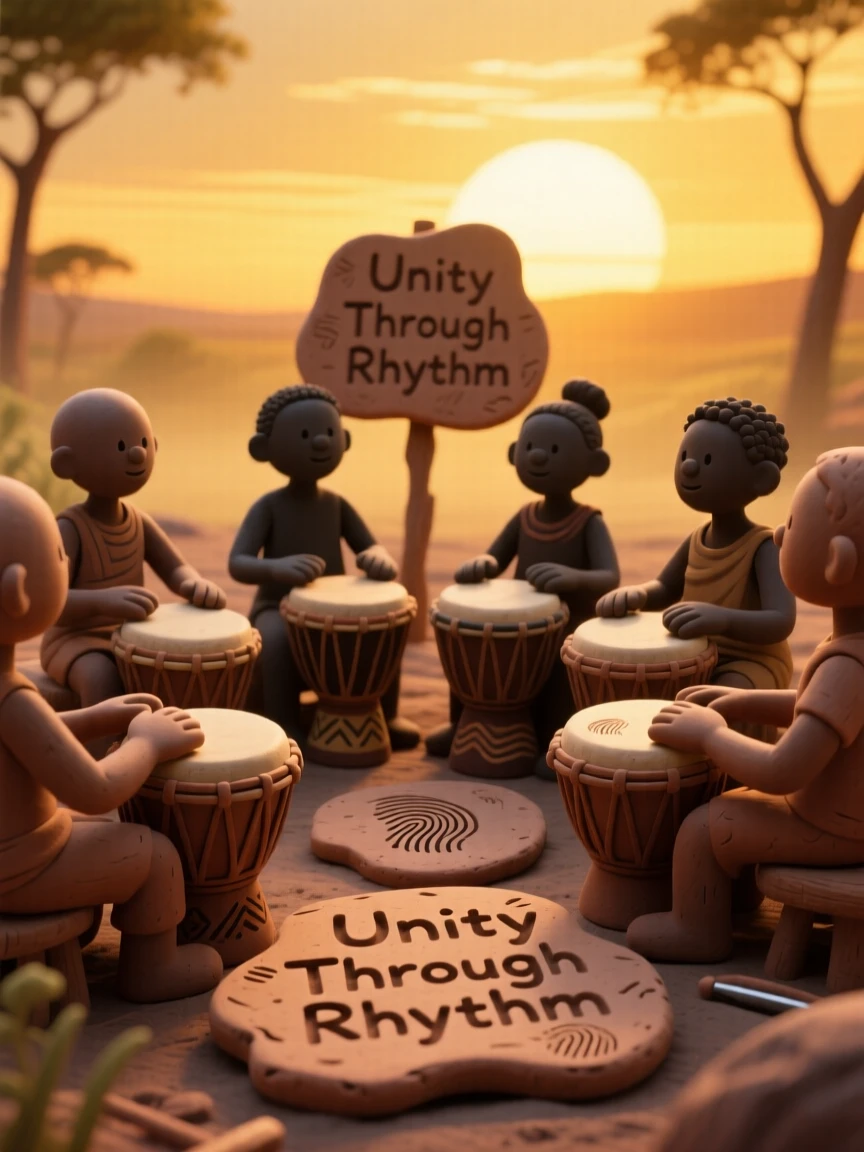 A traditional African drum circle beneath a golden sunset