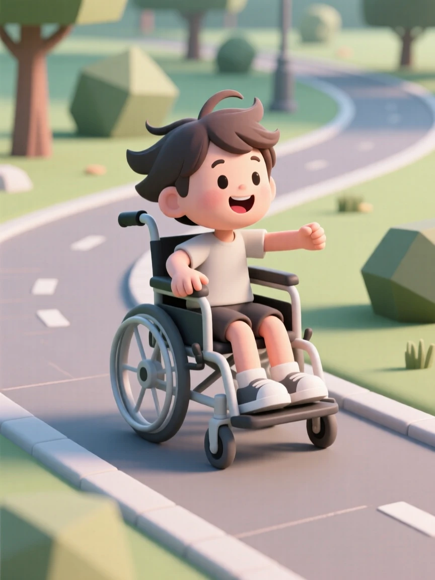 A curious child in a wheelchair races joyfully down a paved park path, wind tousling their hair.