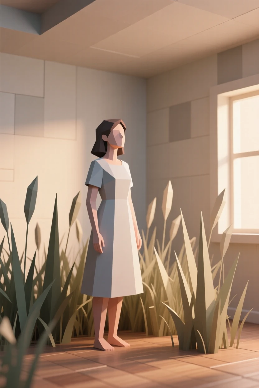 A woman standing in a field of tall golden grass, in a softly lit cozy room. the composition captures genuine, candid emotion. The moment feels full of hope and possibility.