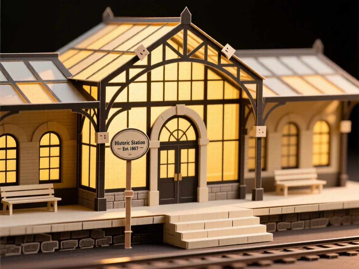 A historic iron-and-glass train station bathed in golden late-afternoon light, with fine architectural symmetry drawing the eye, evoking quiet historic charm.