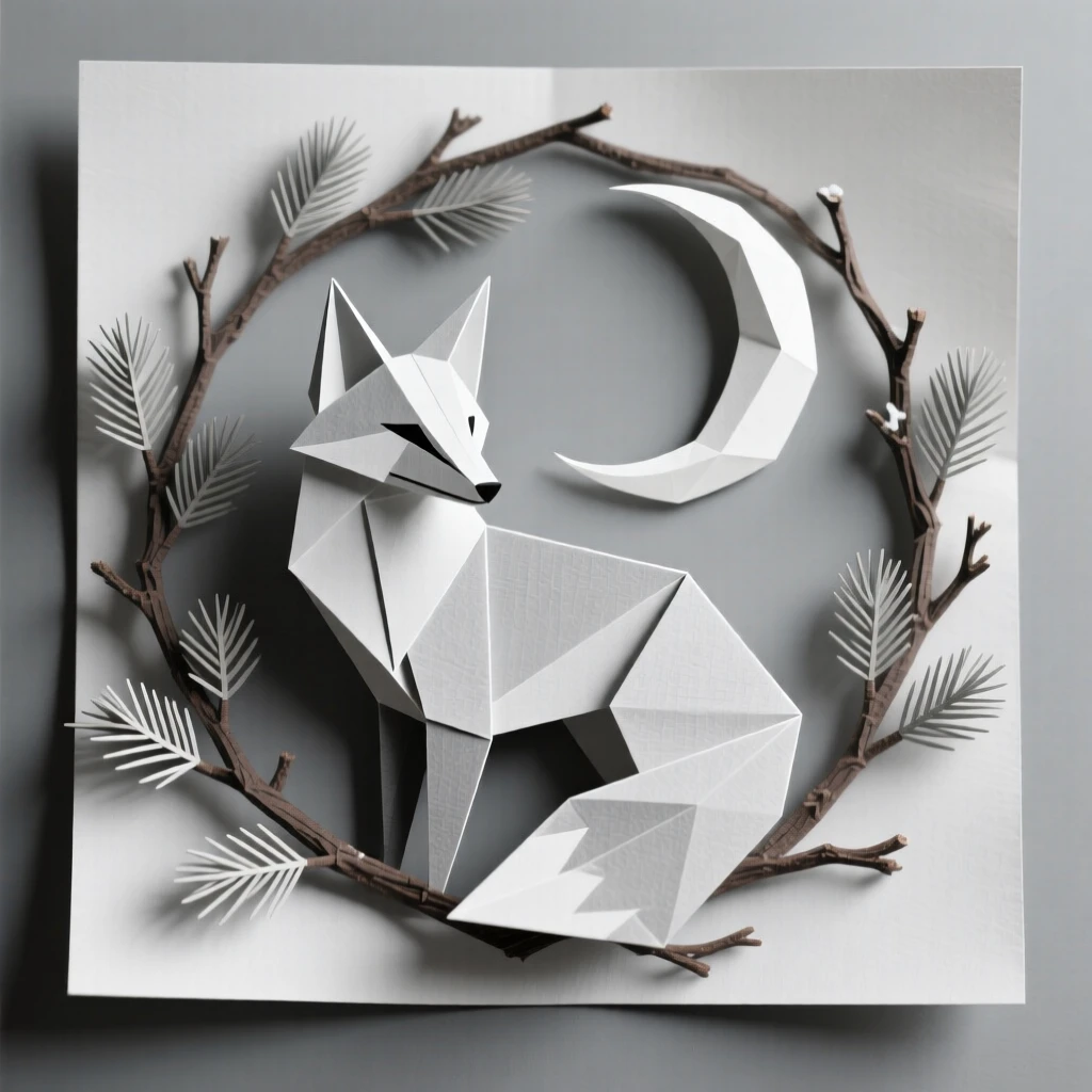 A decorative fox and moon design framed by a wreath of winter branches.