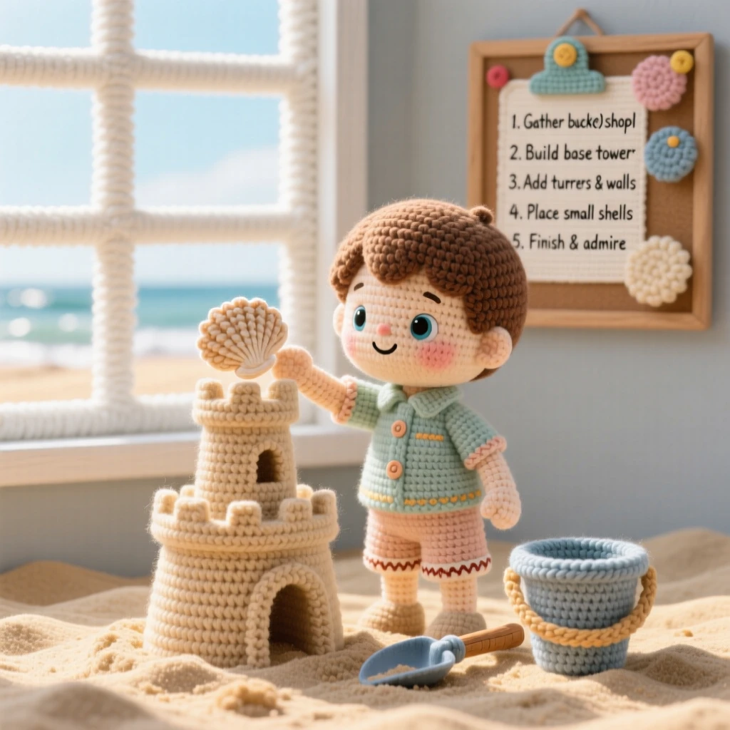 a small boy building sandcastles at the beach, with a bucket and shovel, is captured adding a small shell to the topmost tower in a sunlit studio with large windows beside a cheerful checklist pinned to a board, showing focused determination and quiet pride.