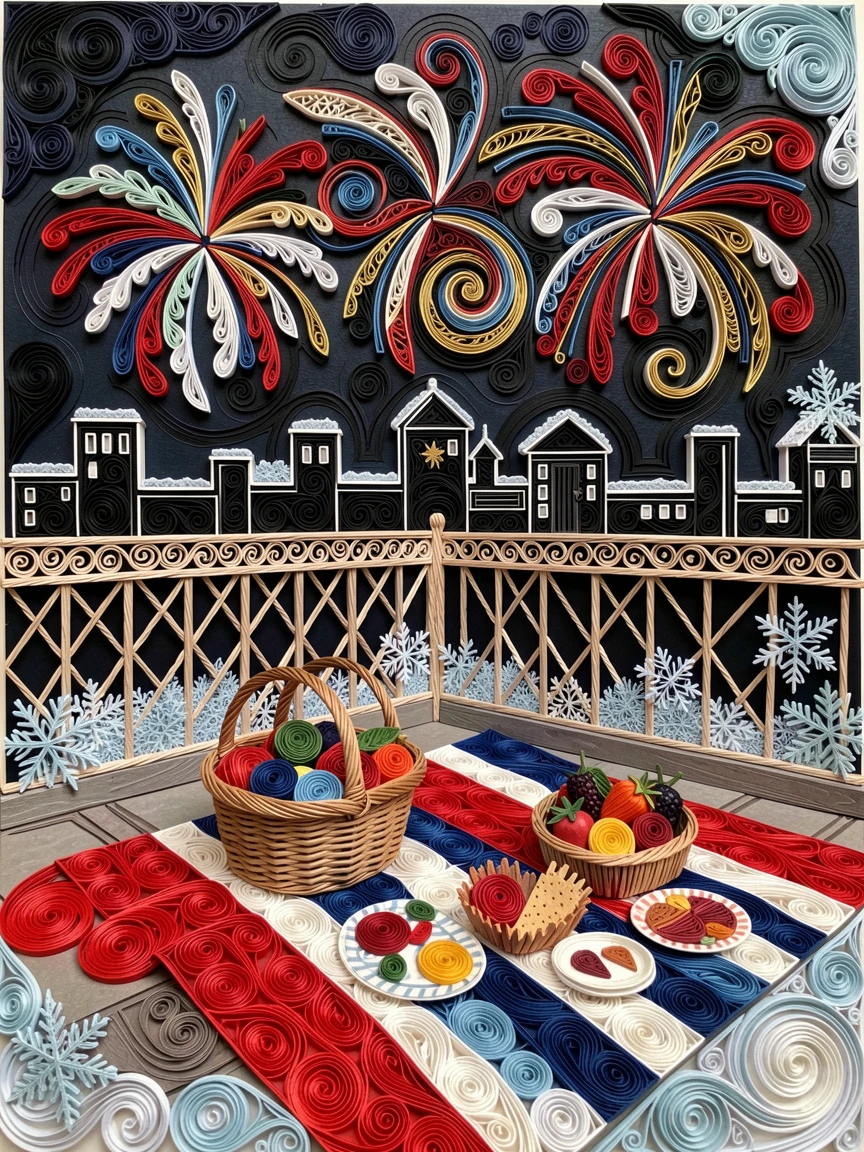 A festive holiday scene of a Fourth of July picnic with a striped blanket and fireworks on a rooftop overlooking a fireworks-lit skyline, with delicate frost patterns on nearby surfaces, composed with rich layered foreground details.
