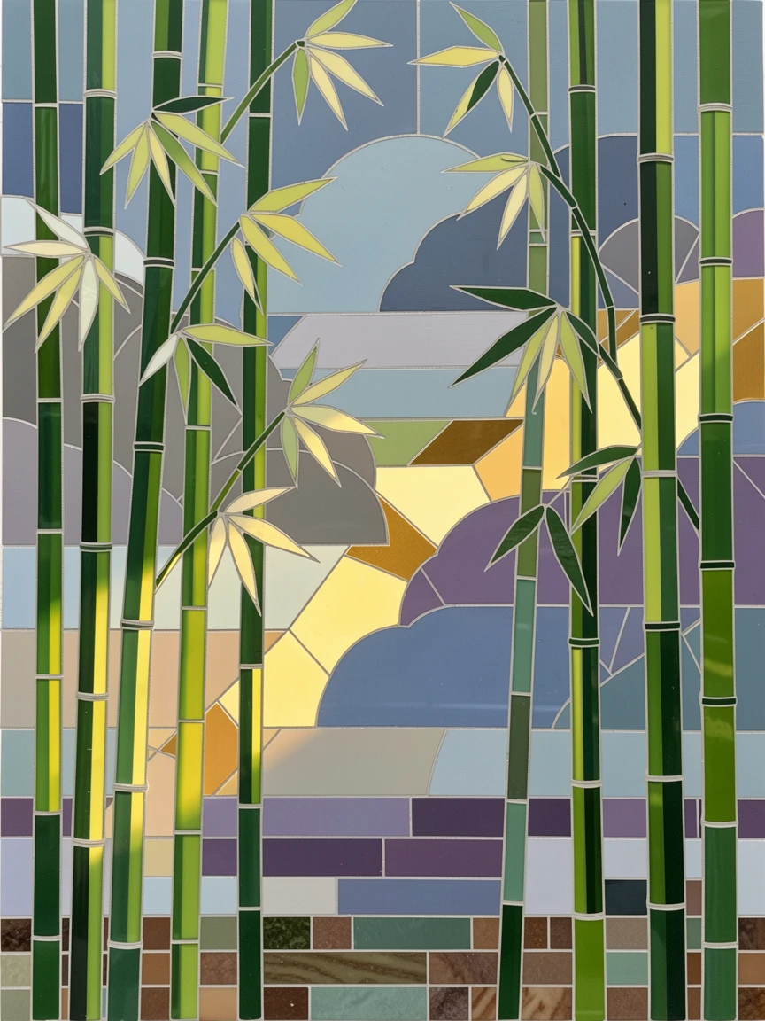 A tranquil bamboo forest with sunlight filtering through tall green stalks, framed by distant storm clouds and a break of sunlight.
