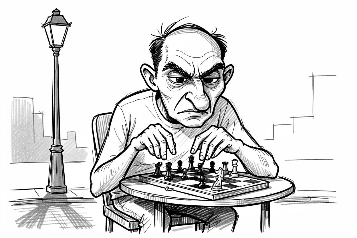 A chess player deep in thought over a board on a quiet street corner at dusk.