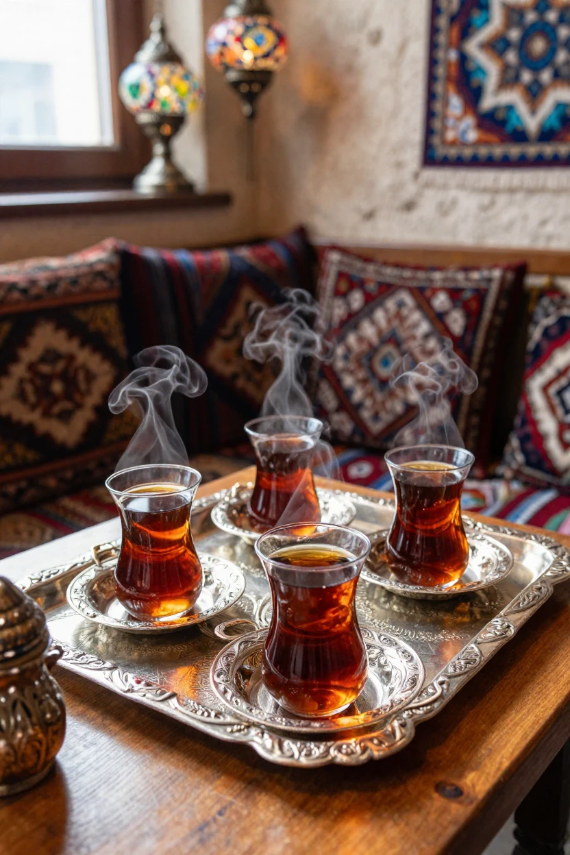 A Turkish tea house with steaming glasses on ornate trays