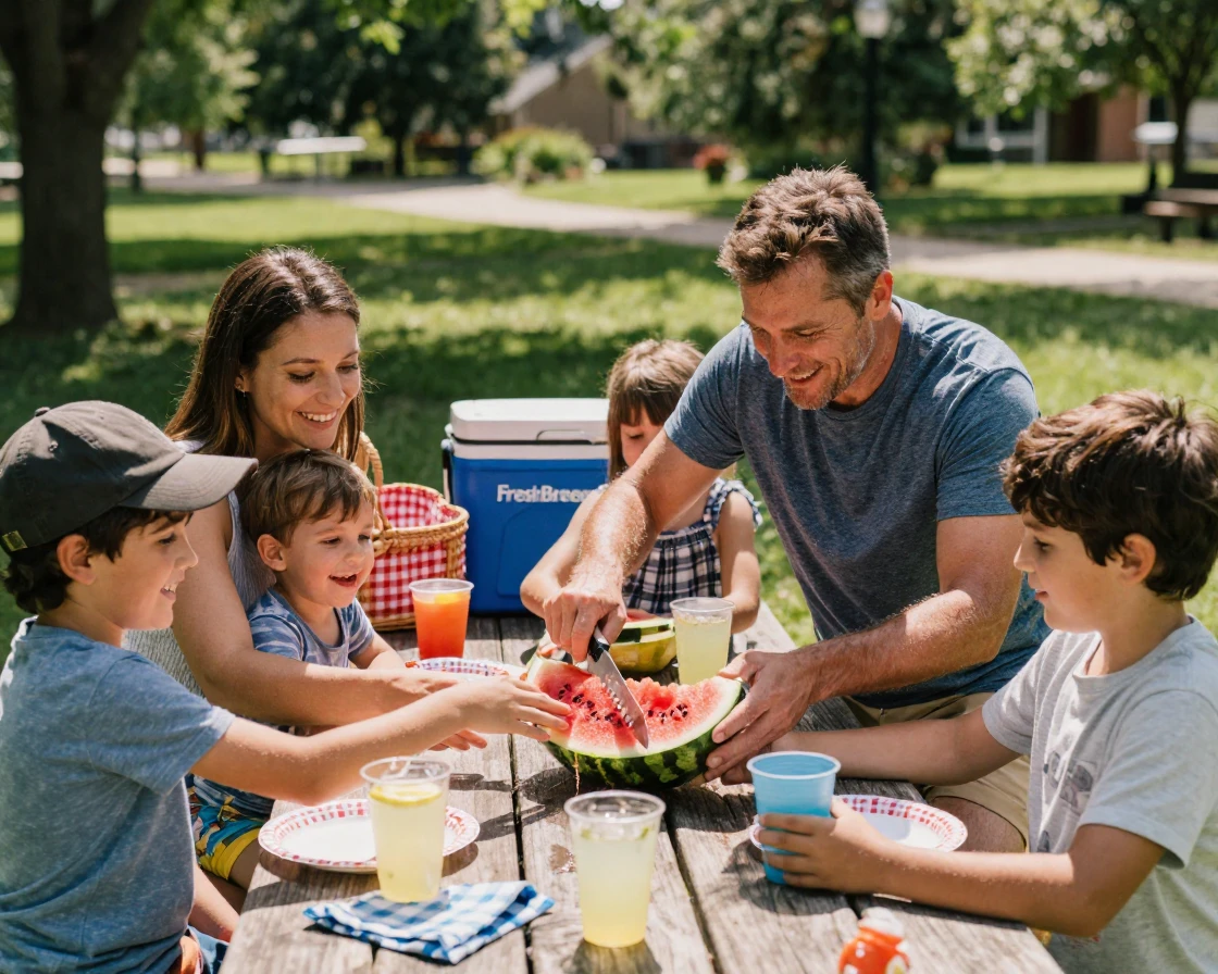 A family shares a giant watermelon, slicing it on a picnic table in summer heat.