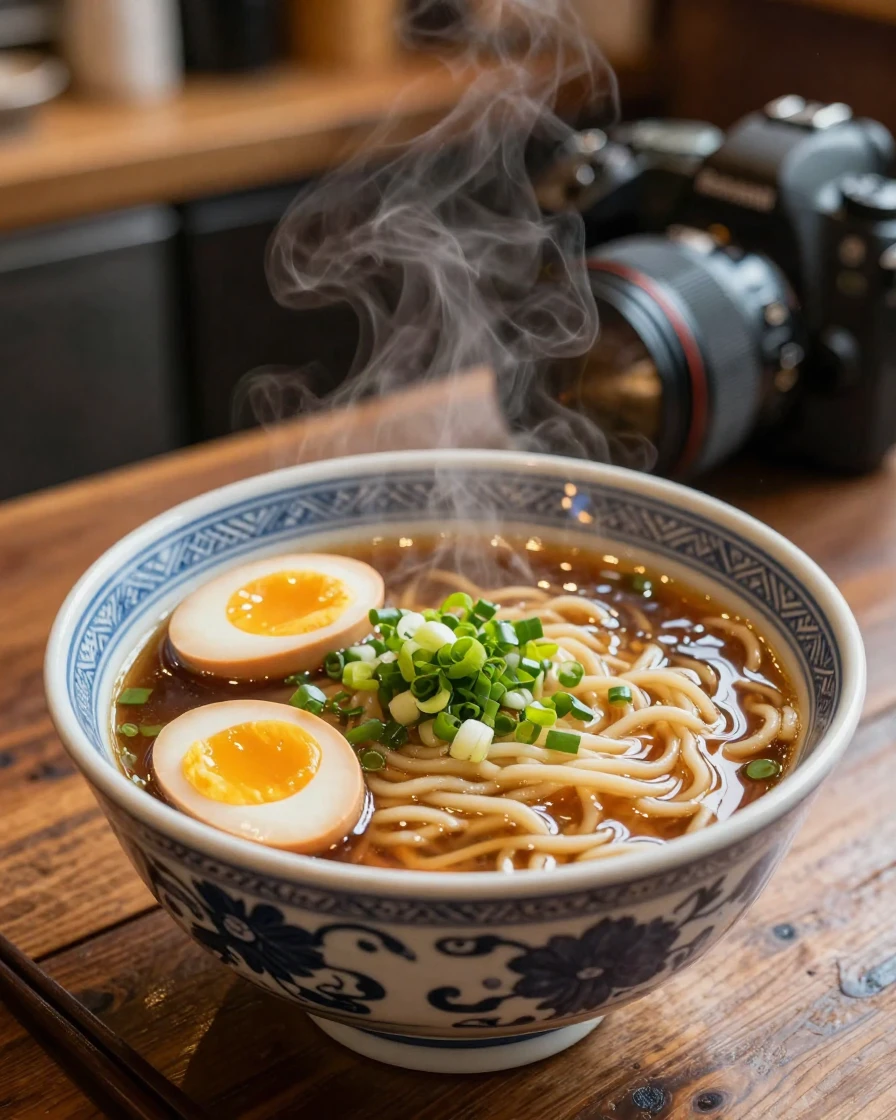A steaming bowl of ramen topped with soft-boiled egg and fresh scallions