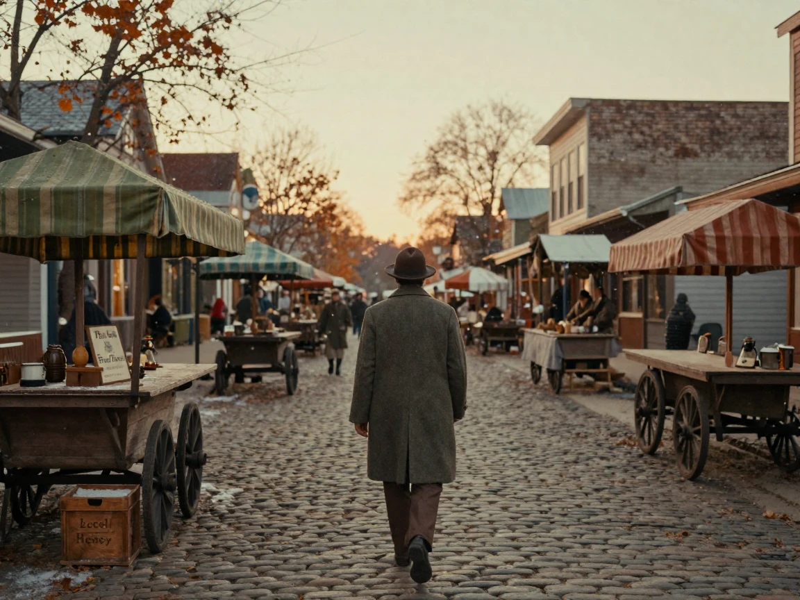 An old market street lined with striped awnings and vendor carts, in the last light of dusk, amid gently falling snow, as summer fades into fall, with muted olive and rust colors, over the shoulder of the main subject.