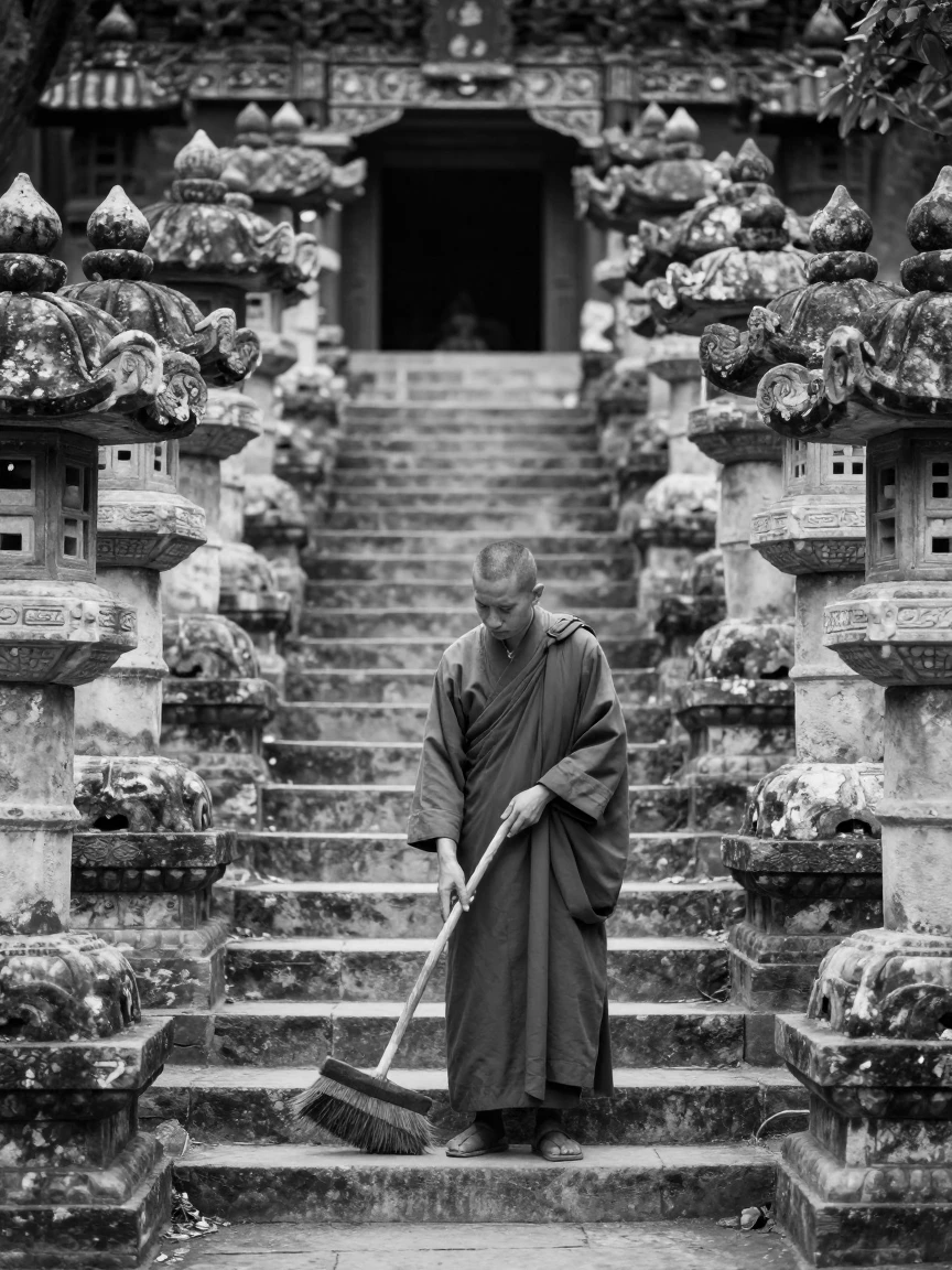 A monk sweeps the steps of an ancient temple beneath rows of stone lanterns.