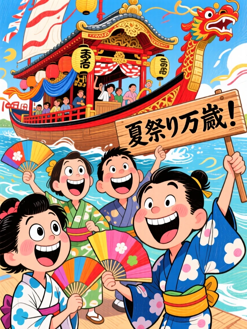 A group celebrating a Japanese summer festival with an ornate floating parade.