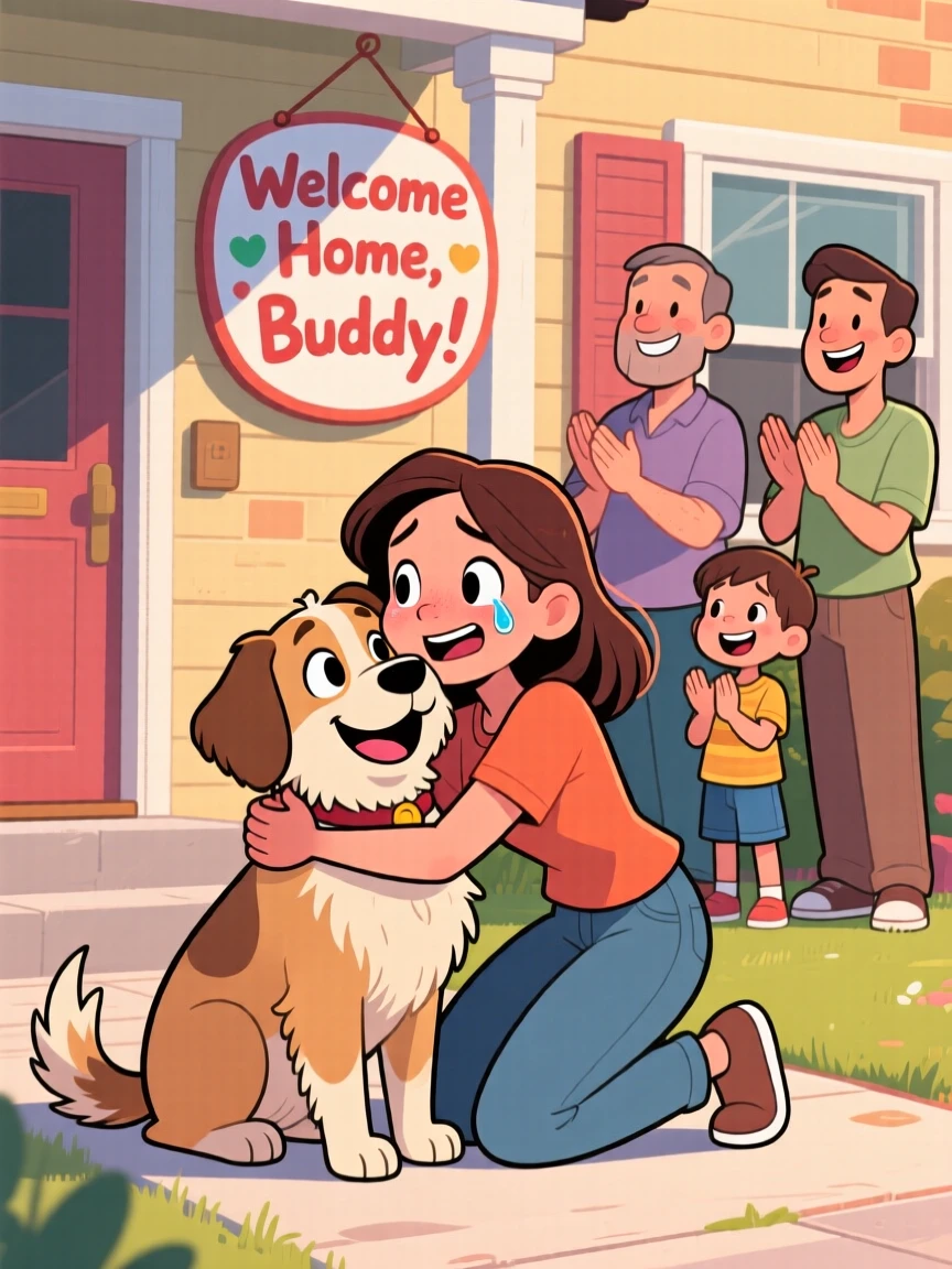 A heartwarming moment depicting a rescued shelter dog sharing an unexpected, tender embrace, surrounded by loved ones cheering quietly.