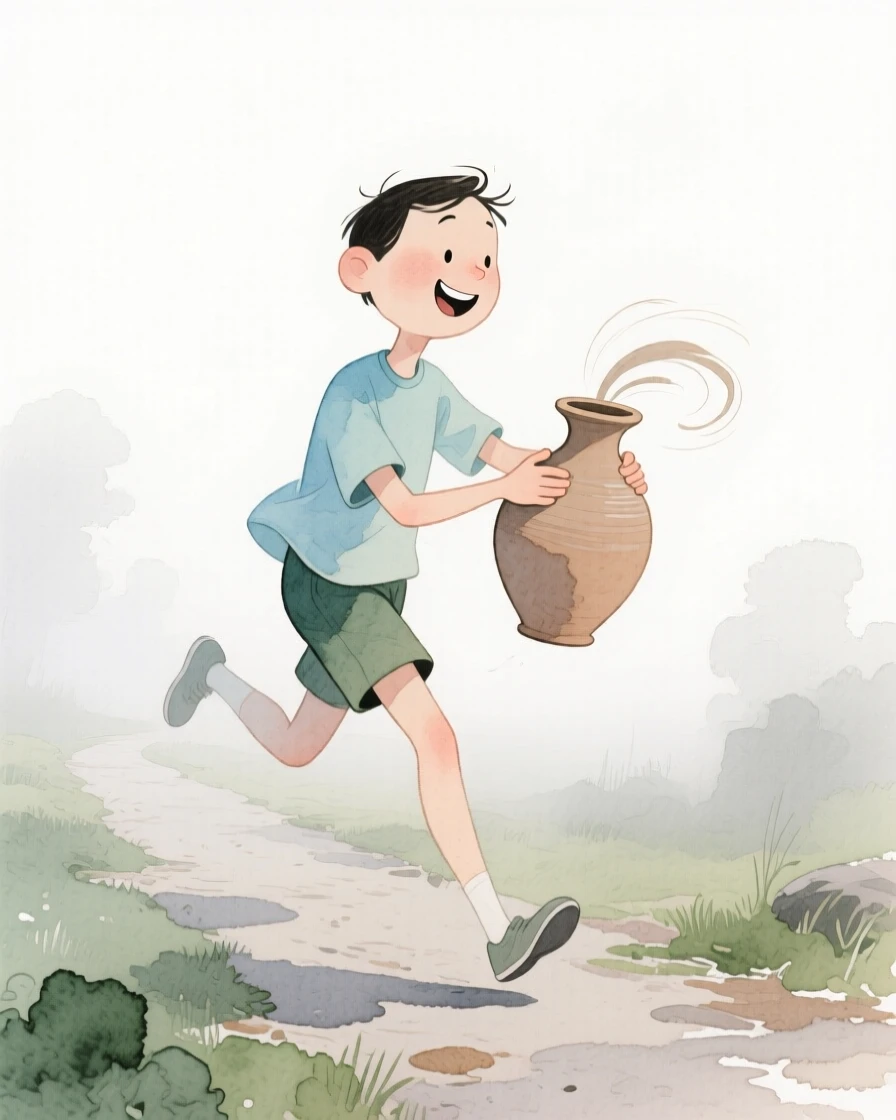 A runner on a misty trail shaping a spinning vase of clay