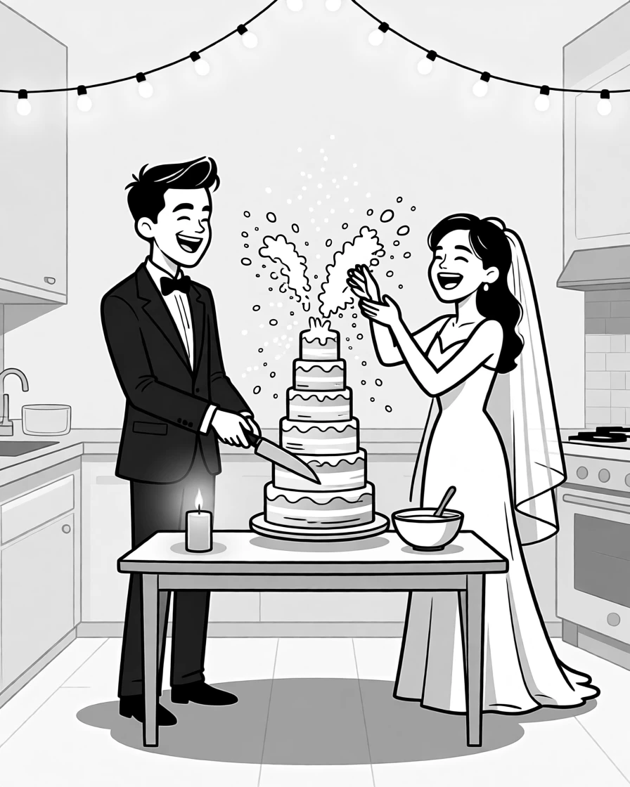Two newlyweds laughing as they try to cut a towering cake, flinging flour at each other mid-recipe, set at a small kitchen table lit by candlelight. String lights sway gently overhead. The image glows with easy, unforced affection.