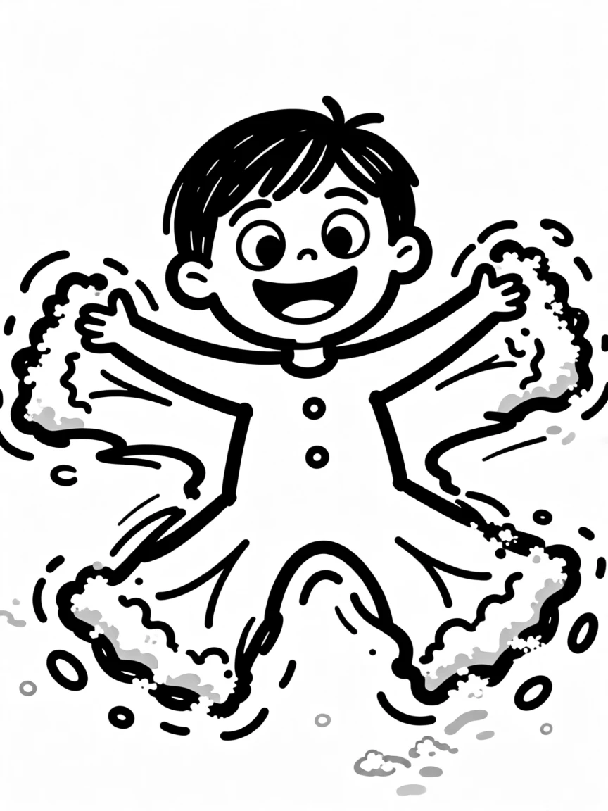A child making a snow angel, arms and legs spread wide in fresh powder.