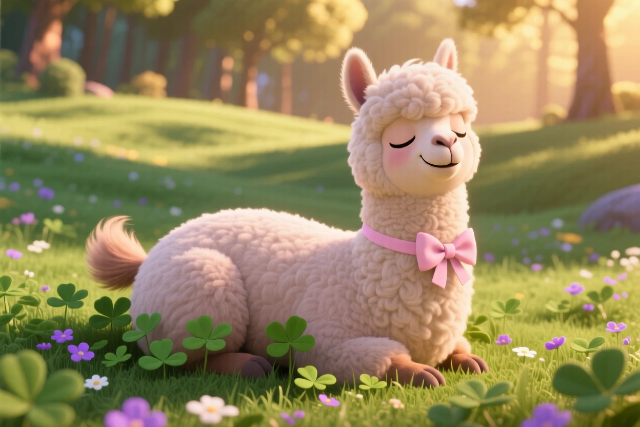 A fluffy alpaca is lounging in a patch of clover, wagging its tail happily. A gentle, sleepy calm fills the moment, with a tiny bow tied around its neck.