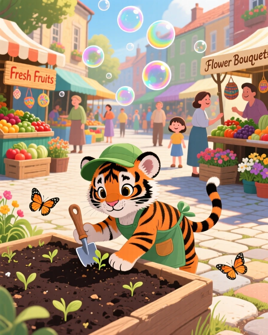 A striped tiger cub is planting seeds in a garden bed in a bustling market square, as tiny bubbles float upward.