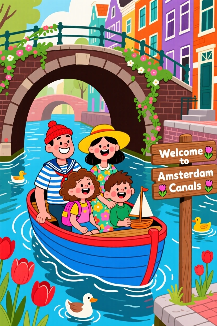 A family exploring the canals beneath the bridges of Amsterdam.