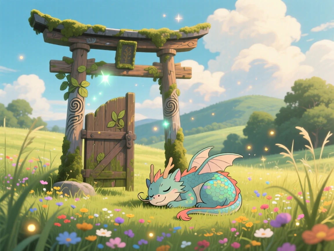 A portal shaped like an old wooden gate standing alone in a meadow, where a small dragon curled up like a cat can be seen nearby, the atmosphere whimsical and joyful.
