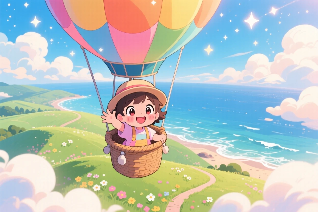 A small child waving from a hot air balloon basket, framed as a bird's-eye view within a sky full of fluffy clouds over rolling hills, on a breezy coastal afternoon, glowing under sparkling starlight, evoking delighted joy.