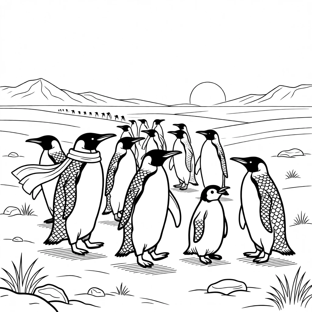 A colony of penguins traveling in a herd across open plains, with scales that catch glints of light.