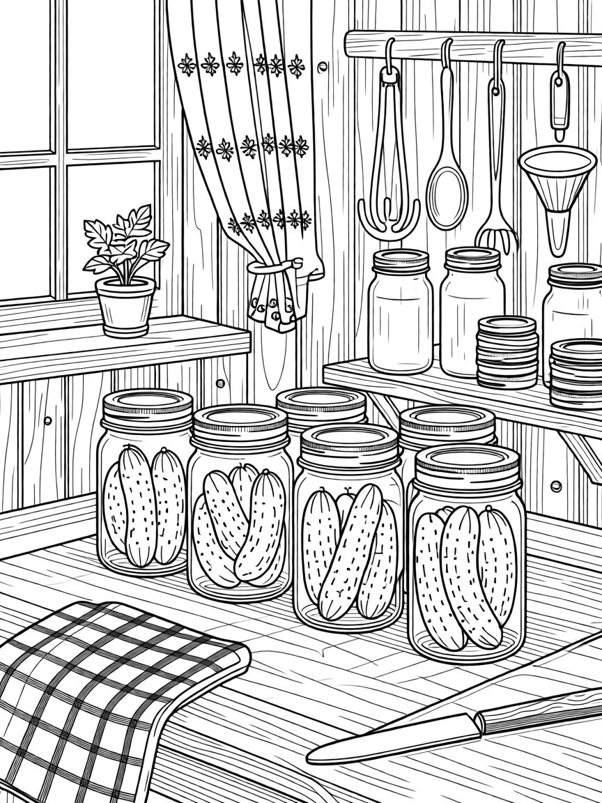 A farmhouse canning scene with jars of pickles cooling on a towel.