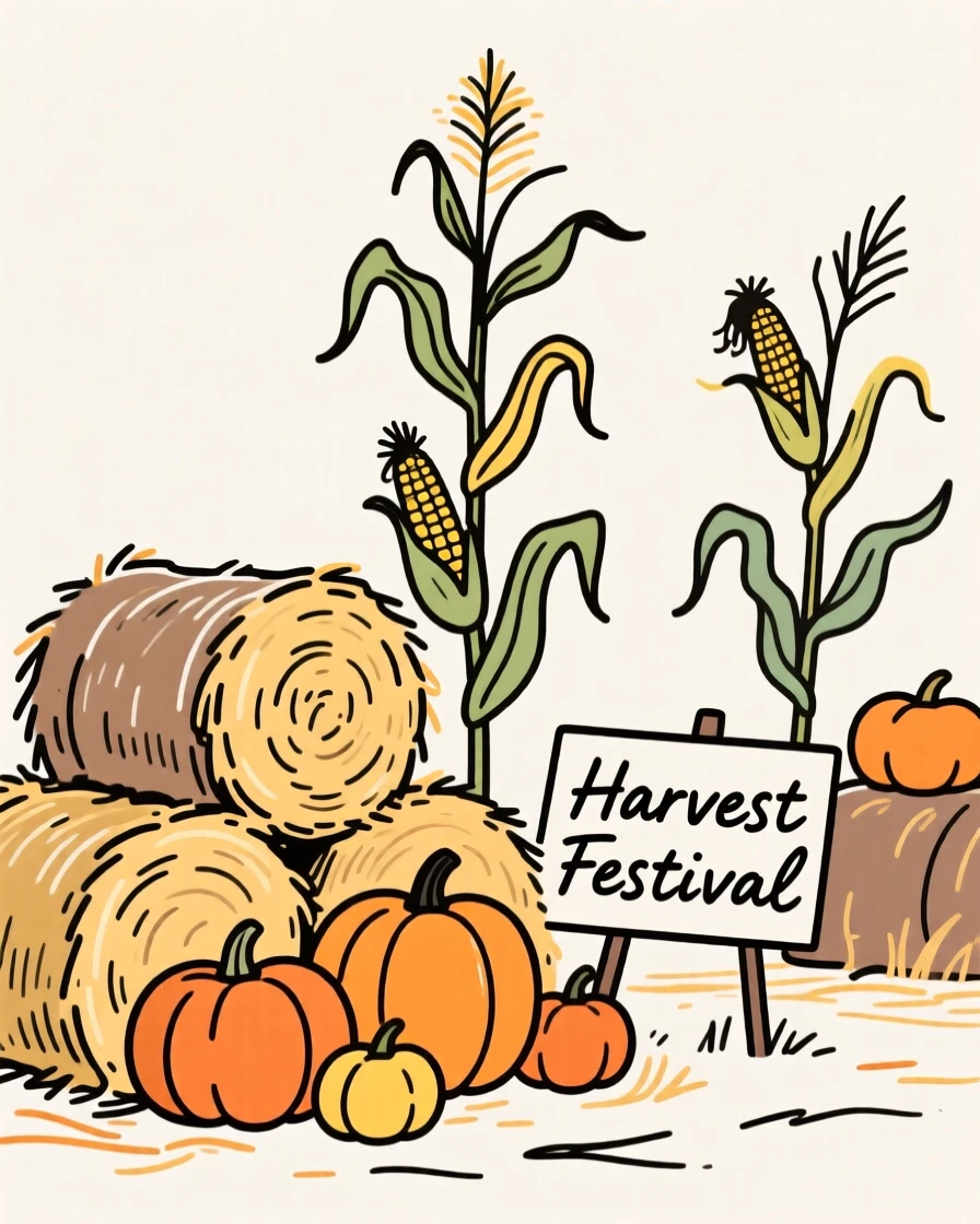 A harvest festival with hay bales, pumpkins, and corn stalks.