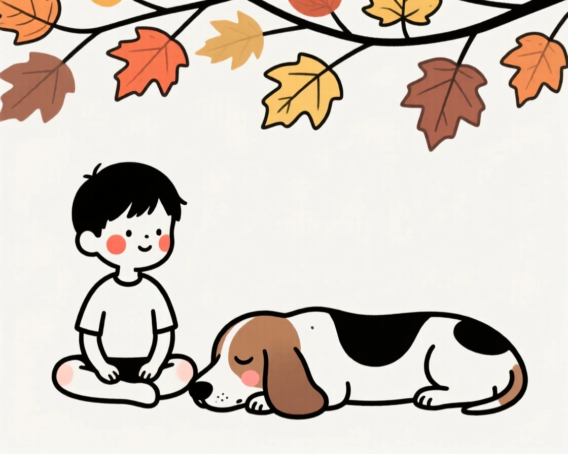 A little boy with a sleepy basset hound, looking serene and at peace, under a canopy of autumn leaves.