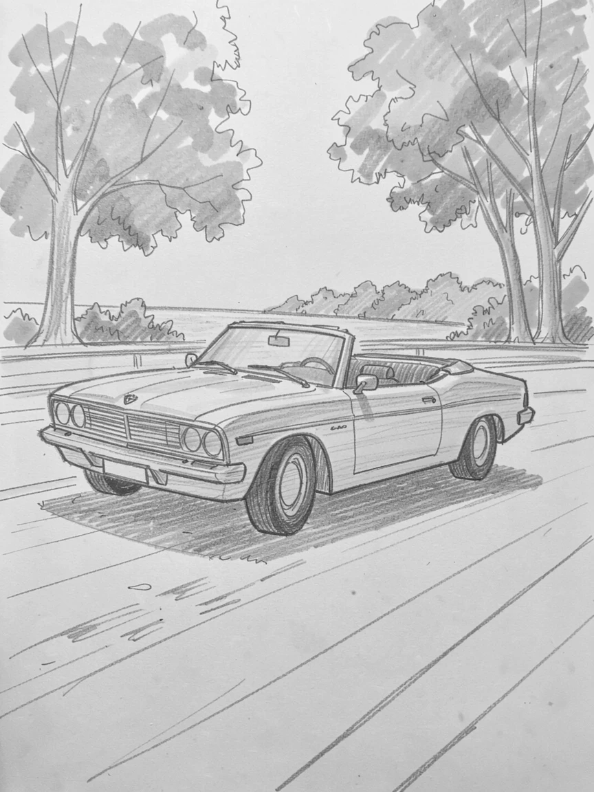 A classic convertible car cruising a coastal highway, under a canopy of autumn trees, with warm evening light glowing across its surface.