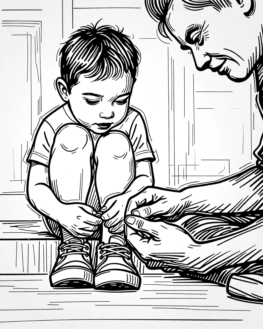 A child learning to tie their shoelaces with a parent's help.
