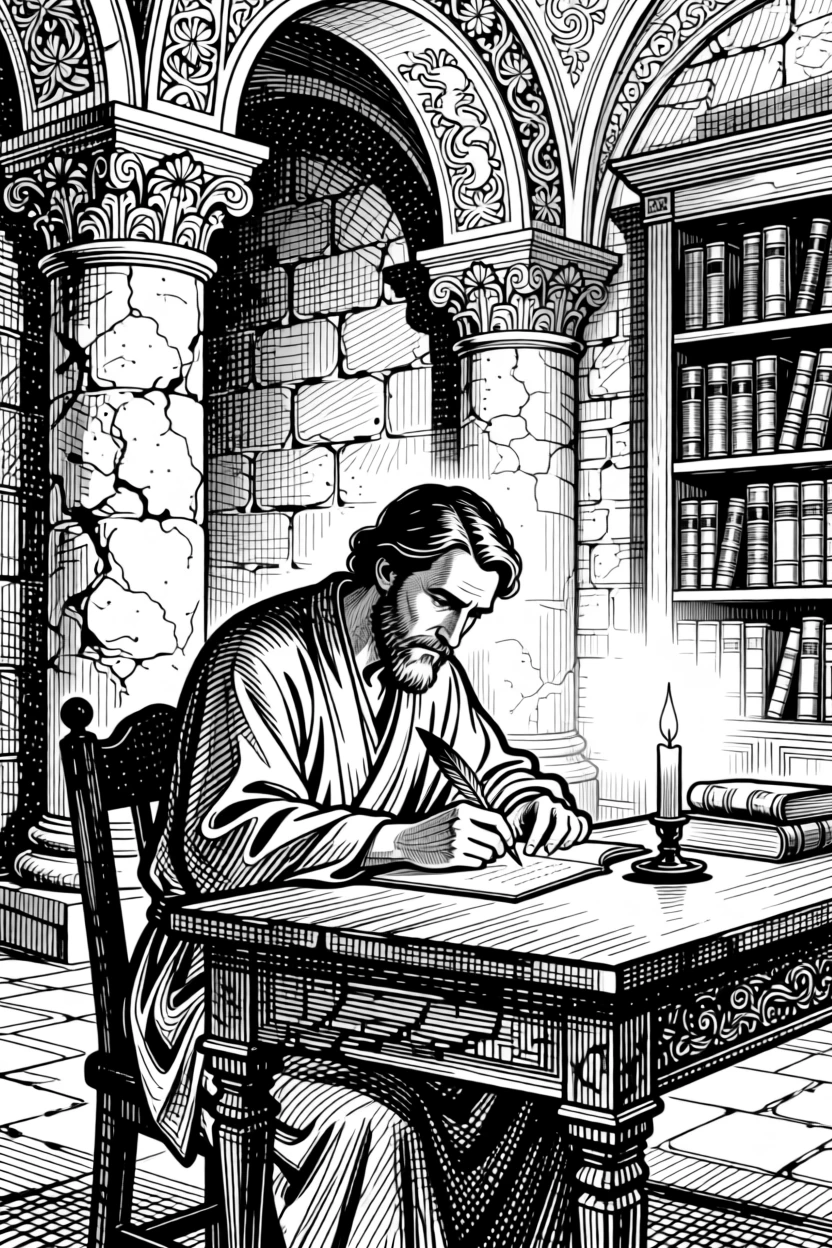 A scholar writing by candlelight in an old study surrounded by ancient stone architecture, with ornate carvings adorning nearby structures, portrayed in a quietly majestic historical scene.