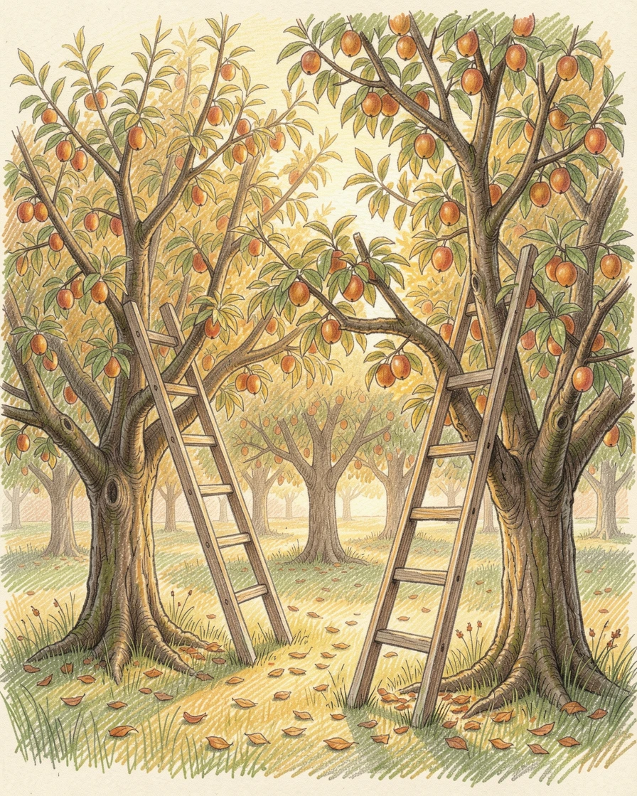 A quiet orchard with wooden ladders resting against fruit-laden trees, bathed in the warm glow of golden-hour light, evoking nostalgia and a deep sense of contentment.