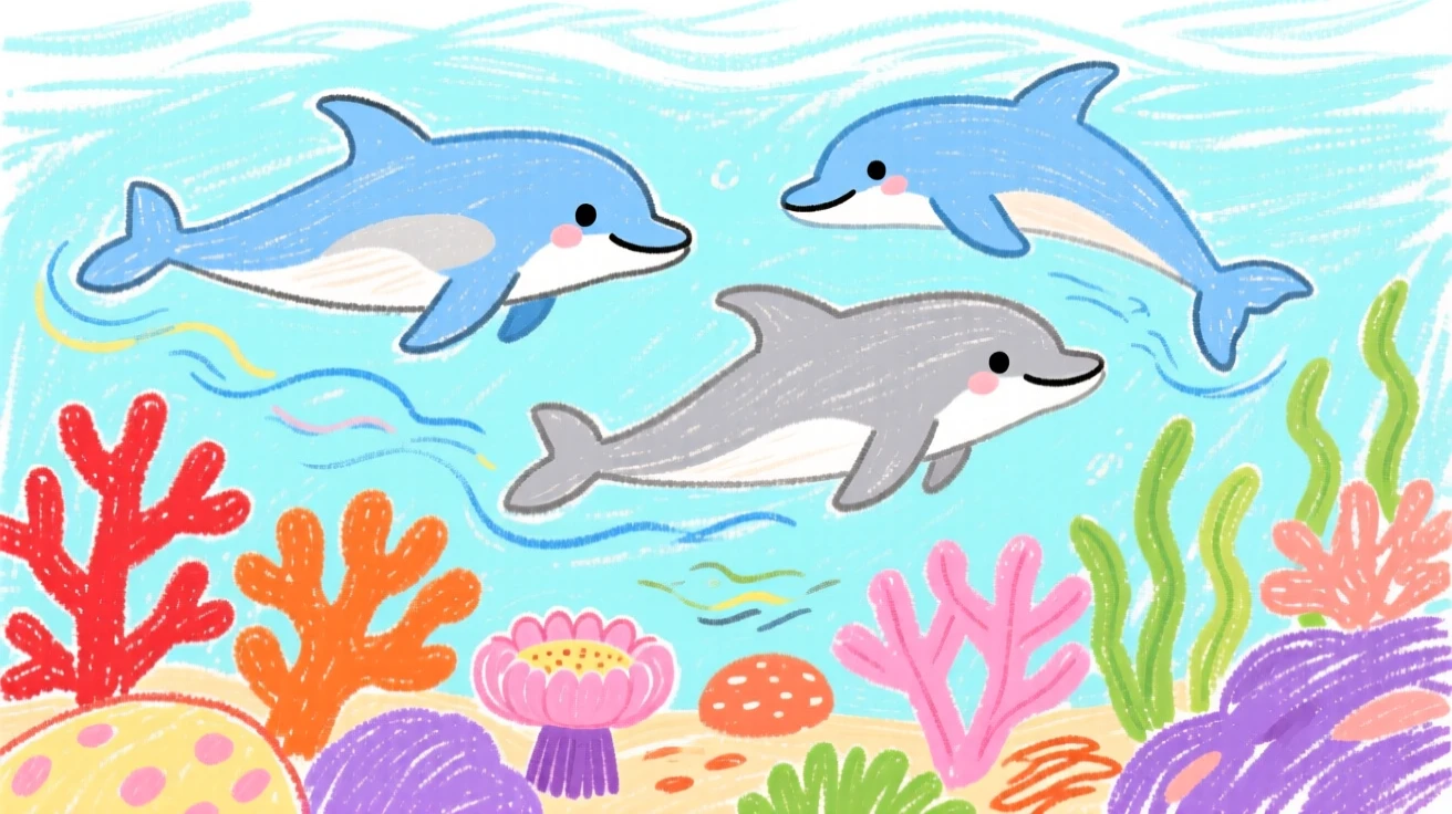 A pod of dolphins gliding over a vibrant coral reef.