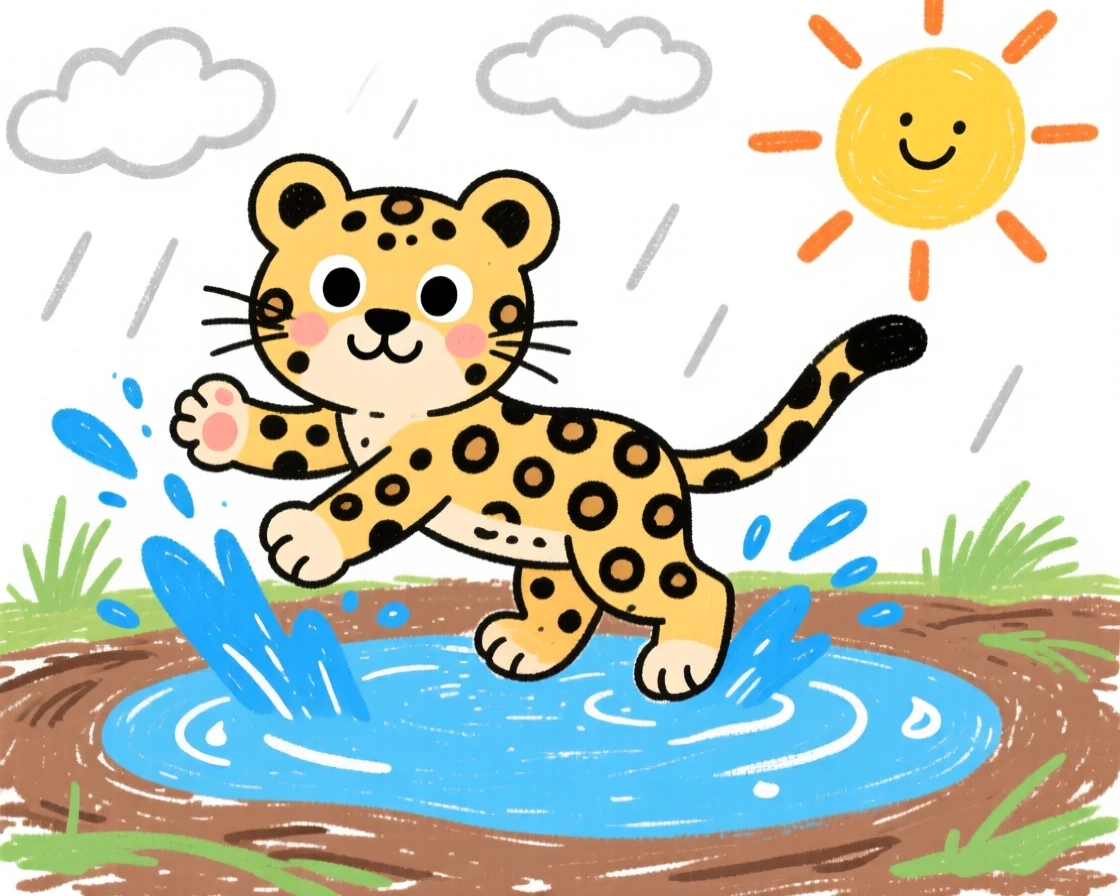 A spotted baby leopard splashing in a shallow puddle after rain.