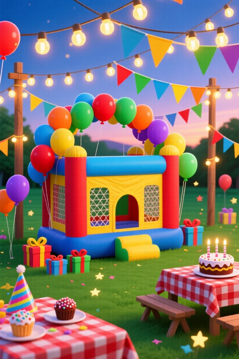 A cheerful birthday party with a bounce house and balloon garland, decorated with warm string lights and colorful banners, arranged with cheerful details filling every corner, with warm twinkling lights adding a magical sparkle.