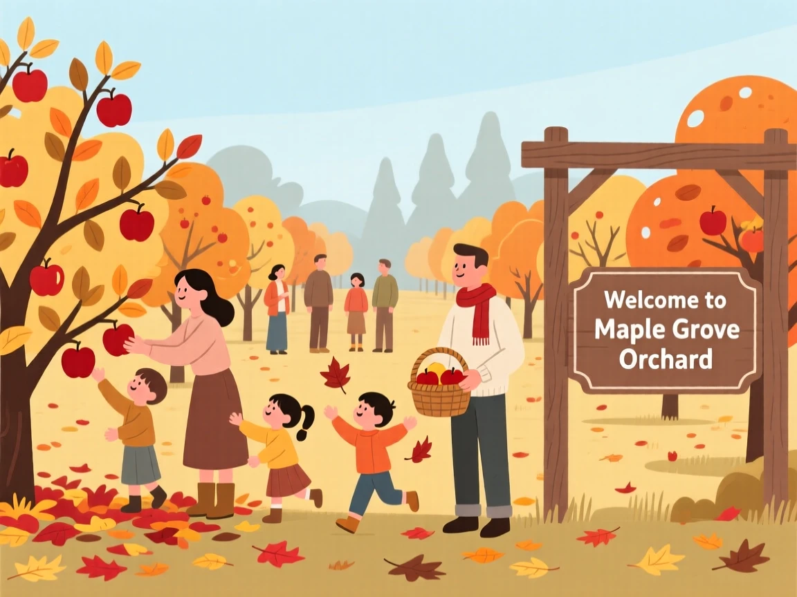An autumn scene of families gathering in an orchard.