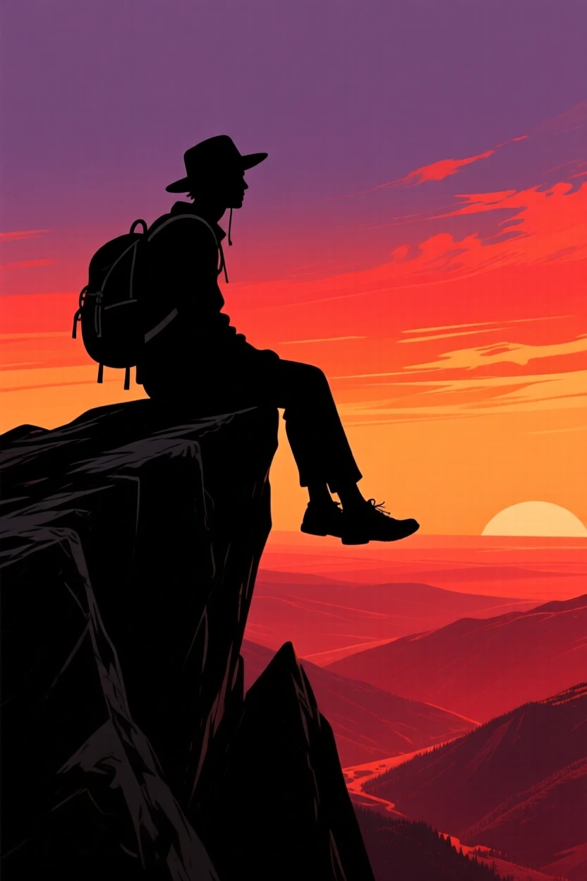 A traveler resting on a mountain ledge, legs dangling over a vast valley.