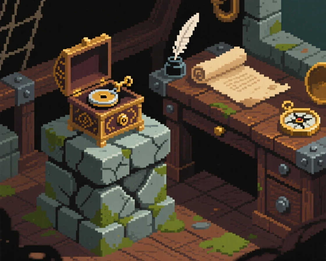 A music box that plays on its own placed on a stone pedestal in a ruin, on a captain's desk aboard an old ship.