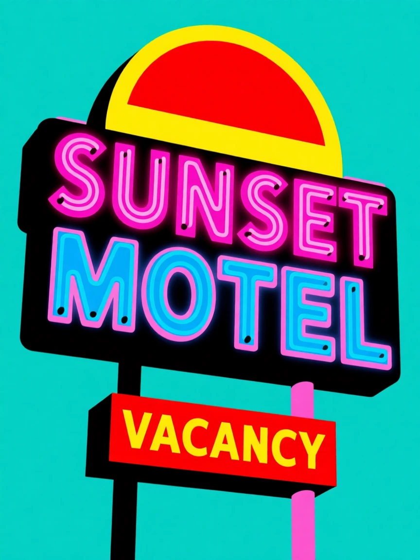 Vintage motel sign glowing with neon lights
