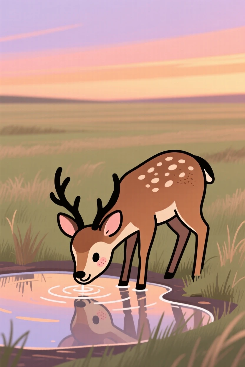 A deer stands at the edge of a open prairie, drinking from the water as the evening glow paints the sky in warm colors.