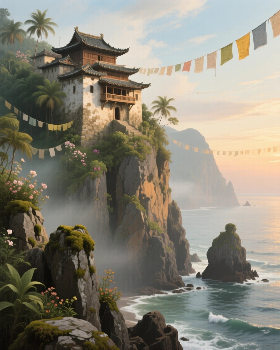 A grand panoramic scene of a hidden mountain monastery perched on a cliffside, on a Pacific island, in a soft summer breeze.