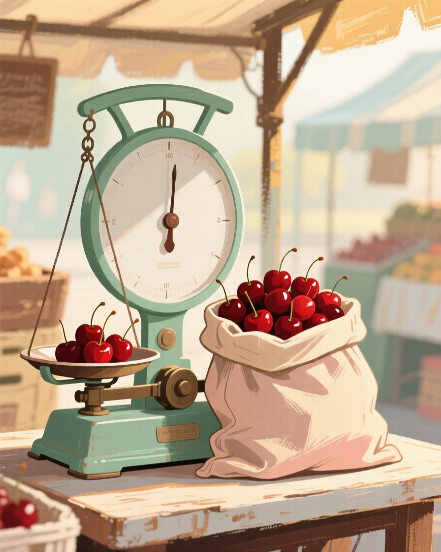 A vintage scale weighing a bag of fresh cherries at a market stall