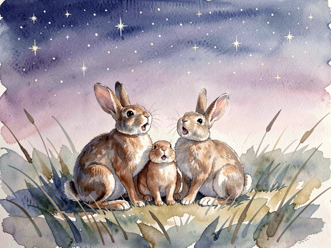A family of rabbits beneath a starry sky mid-yawn and stretching.