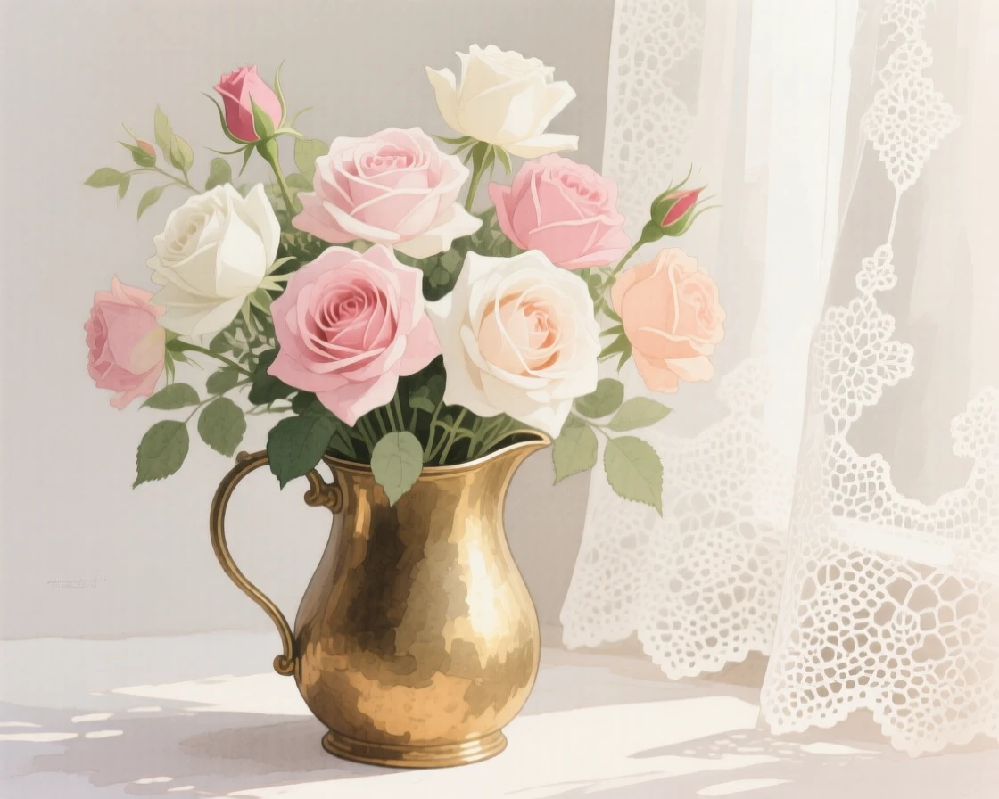 A bouquet of garden roses in soft, layered tones fills a small brass jug beside a lace curtain, petals catching the gentle light