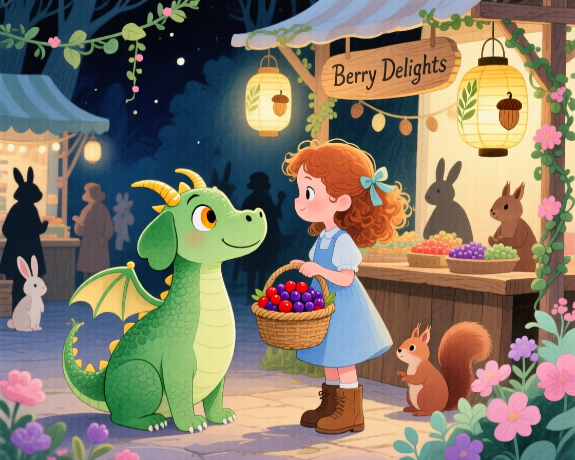 A girl with a basket of berries meeting a friendly green dragon in a lantern-lit night market for woodland folk.