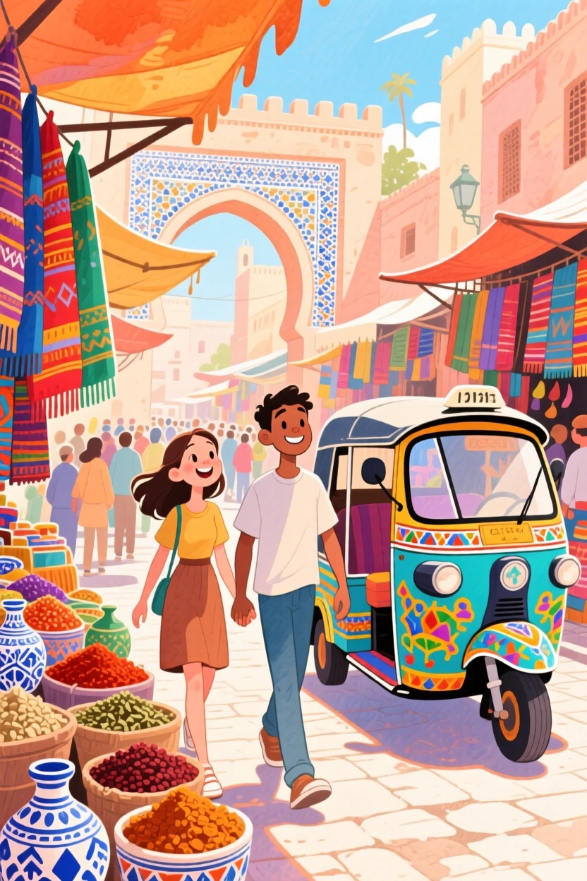 A young couple wanders hand in hand amid a colorful tuk-tuk weaving through Marrakech's markets, radiating cultural warmth and beauty.
