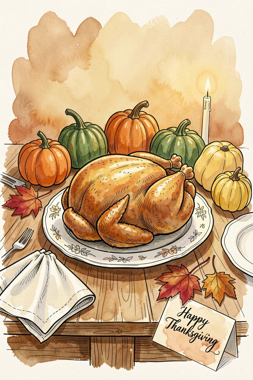 A Thanksgiving table set with a golden roasted turkey and autumn gourds, a festive warmth filling the entire scene.